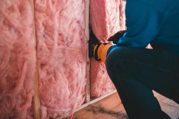 image of pink fiberglass batts being installed into the wall